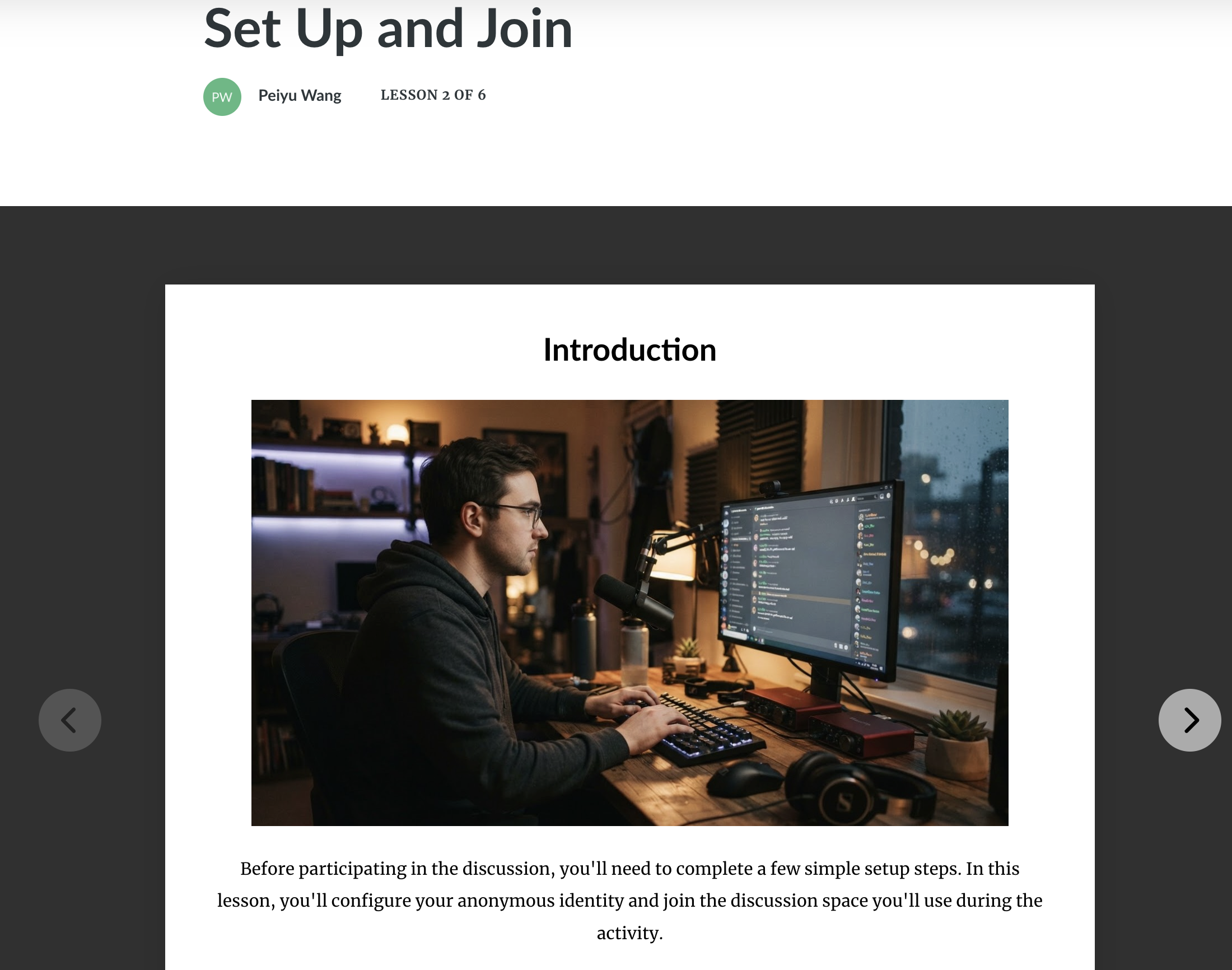 Rise 360 onboarding screen guiding learners through anonymous Discord setup