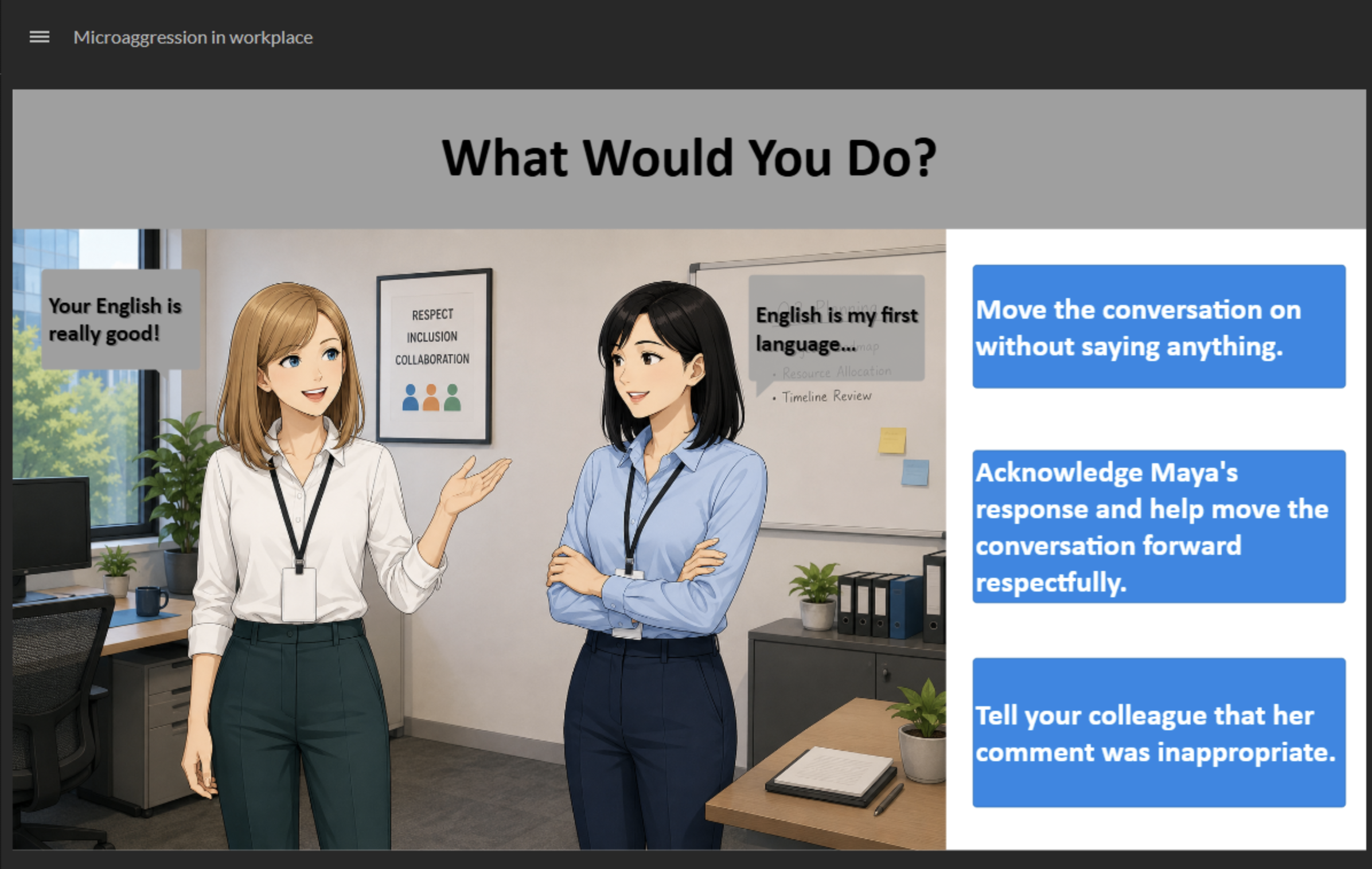 Workplace scenario from the Everyday Inclusion Storyline course